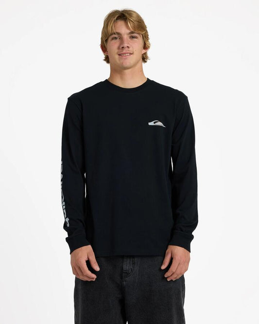 Image of a model wearing Tops. Product name - Quiksilver Mens Carbon Long Sleeve T-Shirt Black in Black colour by brand - Quiksilver
