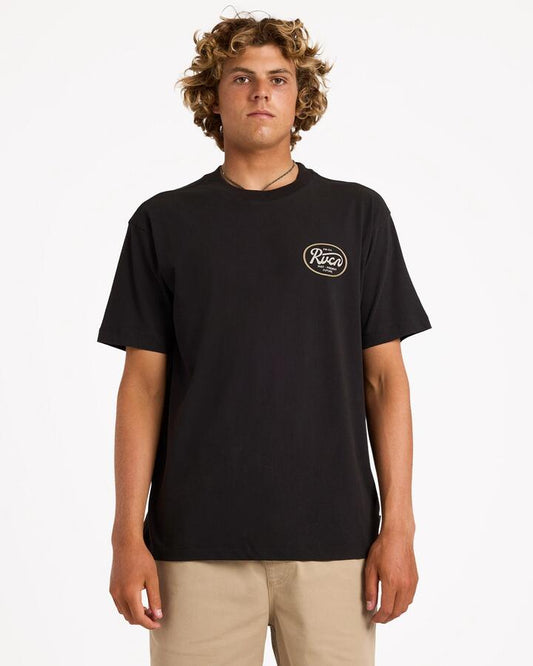 Image of T-Shirts. Product name - Rvca Mens Standard Script T-Shirt Pirate Black in Pirate Black colour by brand - Rvca