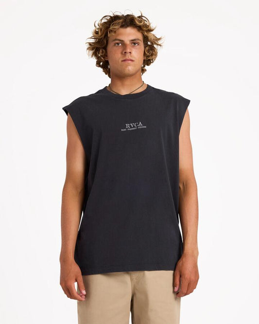 Image of a model wearing Tops. Product name - Rvca Mens Scorpo Muscle Black in Black colour by brand - Rvca