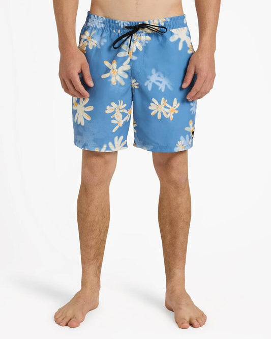 Image of a model wearing Shorts. Product name - Quiksilver Mens Everyday Printed 17" Volley Shorts Quiet Harbor Rave Dazie in Quiet Harbor Rave Dazie colour by brand - Quiksilver