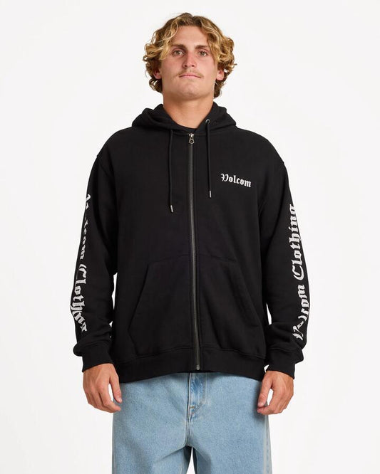 Image of a model wearing Outerwear. Product name - Volcom Mens Core Gnar Zip Fleece Top Black in Black colour by brand - Volcom