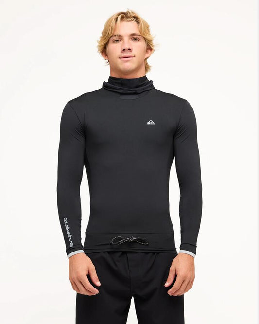 Image of a model wearing Tops. Product name - Quiksilver Mens Highline Upf50 Hooded Long Sleeve Rashguard Black in Black colour by brand - Quiksilver