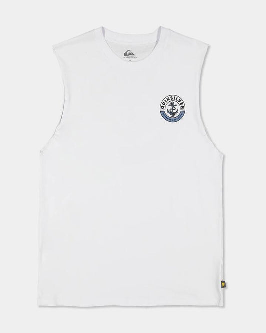 Image of a model wearing Tops. Product name - Quiksilver Mens Sinker Muscle Top White in White colour by brand - Quiksilver