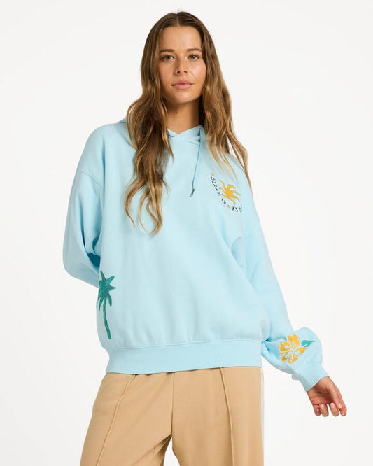Image of a model wearing Outerwear. Product name - Billabong Womens Sunset Rider Kendal Pullover Hoodie Clearwater in Clearwater colour by brand - Billabong