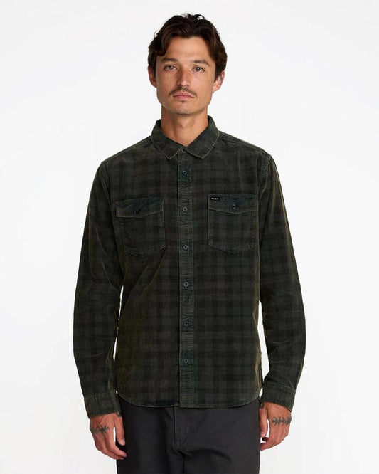Image of a model wearing Tops. Product name - RVCA Mens Artifice Cord Long Sleeve Shirt Black Wash in Black Wash colour by brand - RVCA