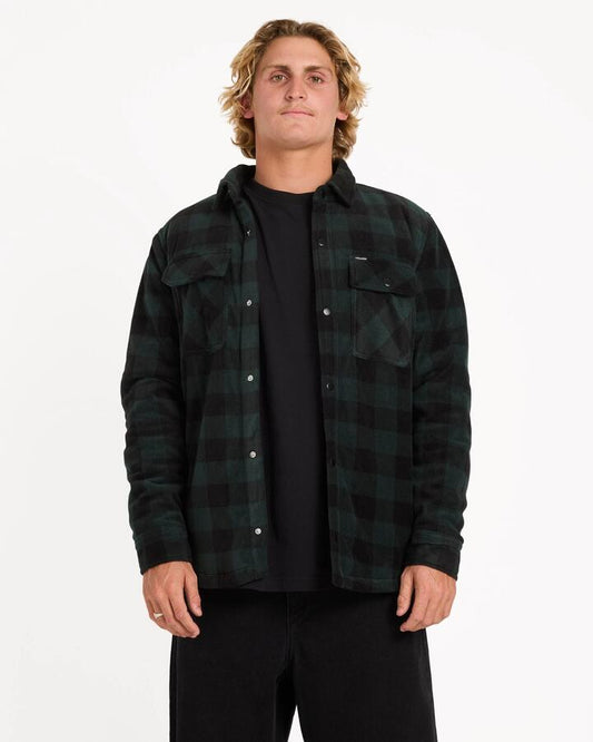 Image of a model wearing Outerwear. Product name - Volcom Mens Bowered Shacket Scarab in Scarab colour by brand - Volcom