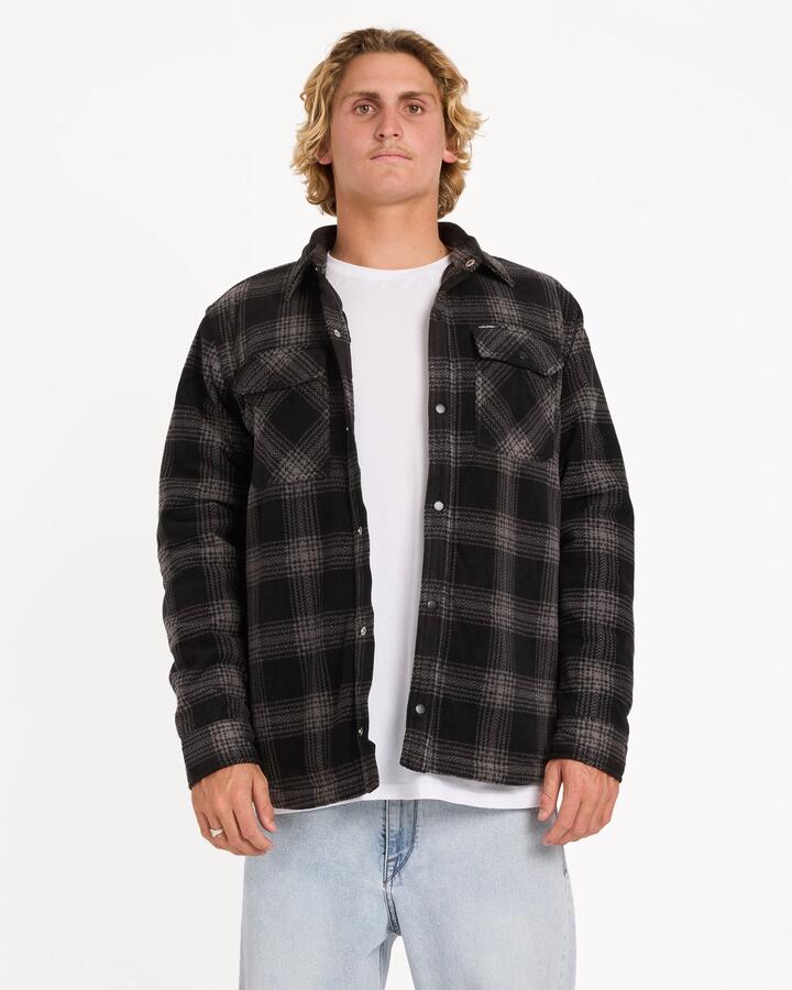 Image of a model wearing Outerwear. Product name - Volcom Mens Bowered Shacket Dusk Grey in Dusk Grey colour by brand - Volcom