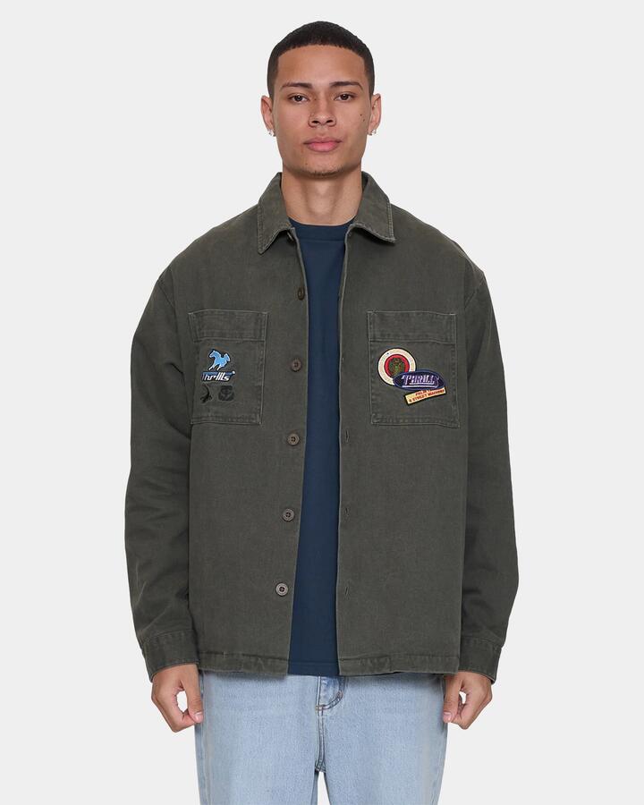 Image of a model wearing Outerwear. Product name - Thrills Mens Against All Odds Cropped Overshirt Casual Jacket Oil Green in Oil Green colour by brand - Thrills