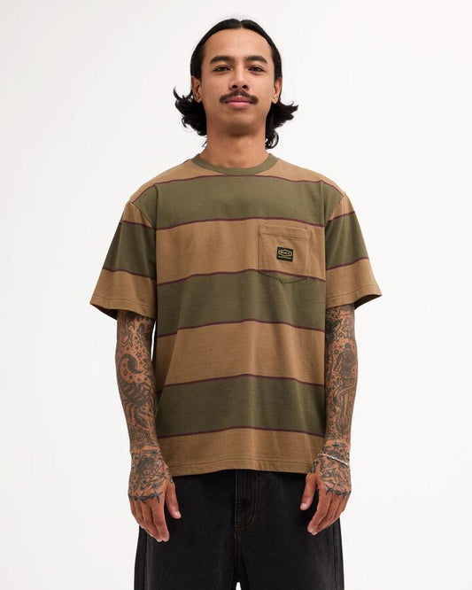 Image of T-Shirts. Product name - Rvca Mens Dayshift Stripe T-Shirt Fatigue in Fatigue colour by brand - Rvca