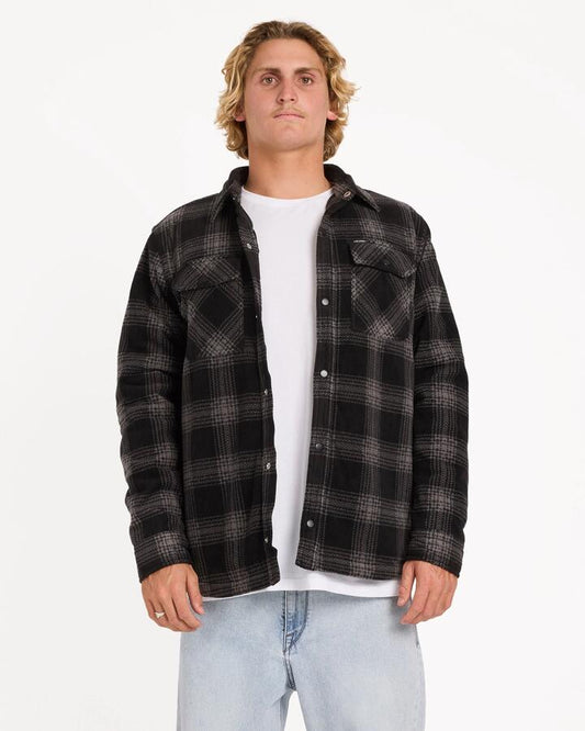Image of a model wearing Outerwear. Product name - Volcom Mens Bowered Shacket Dusk Grey in Dusk Grey colour by brand - Volcom