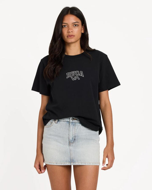 Image of a model wearing Skirts. Product name - Rvca Womens Mini Denim Skirt Bleached Indigo in Bleached Indigo colour by brand - Rvca