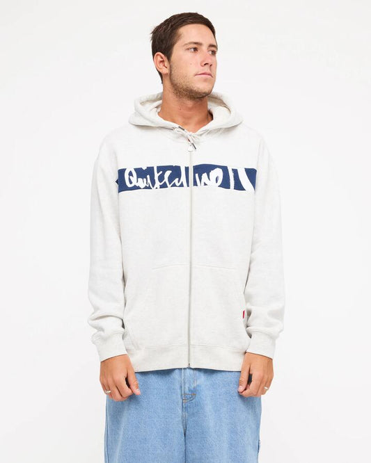 Image of a model wearing Outerwear. Product name - Quiksilver Mens Impaired Panel Zip Through Hoodie Snow Heather in Snow Heather colour by brand - Quiksilver