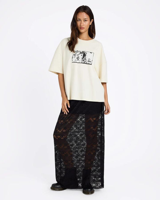 Image of a model wearing Skirts. Product name - Volcom Womens Sheer Joy Maxi Skirt Black in Black colour by brand - Volcom