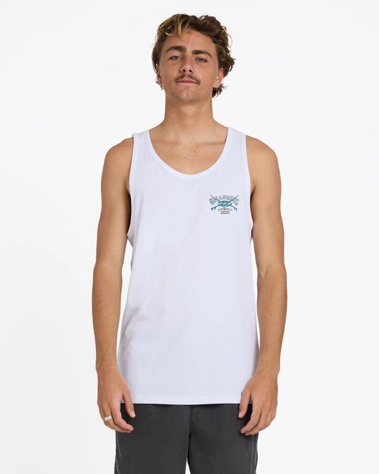 Image of a model wearing Tops. Product name - Billabong Mens Crossboards Tank Top White in White colour by brand - Billabong