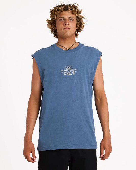 Image of a model wearing Tops. Product name - Rvca Mens Sun Industries Muscle Vintage Navy in Vintage Navy colour by brand - Rvca