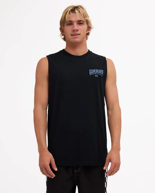 Image of a model wearing Tops. Product name - Quiksilver Mens Strike Mission Muscle Top Black in Black colour by brand - Quiksilver