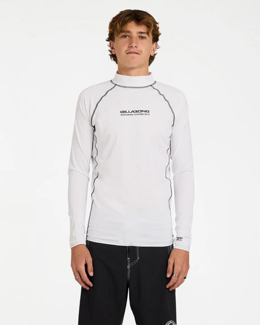 Image of a model wearing Tops. Product name - Billabong Mens Spec 73 Pf Long Sleeve Surf Shirt White in White colour by brand - Billabong