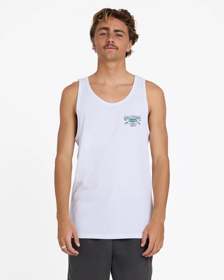 Image of a model wearing Tops. Product name - Billabong Mens Crossboards Tank Top White in White colour by brand - Billabong