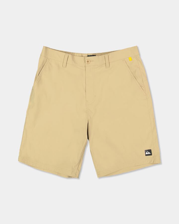 Image of a model wearing Shorts. Product name - Quiksilver Mens Overcast Amphibian 20" Hybrid Shorts Cornstalk in Cornstalk colour by brand - Quiksilver
