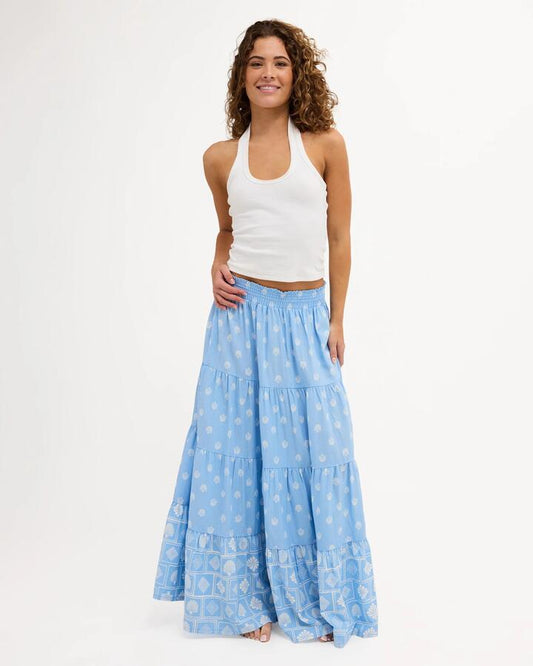 Image of a model wearing Skirts. Product name - Roxy Womens Cactus Flower Maxi Skirt Cerulean in Cerulean colour by brand - Roxy