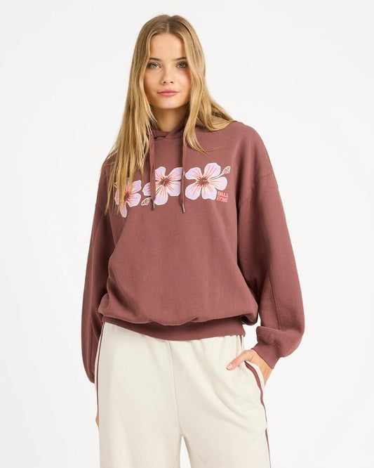 Image of a model wearing Outerwear. Product name - Billabong Womens Back To It Kendal Pullover Hoodie Esspresso in Esspresso colour by brand - Billabong