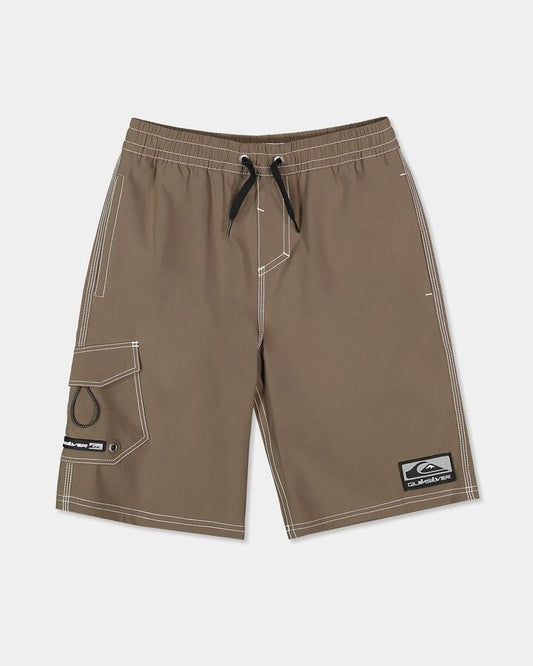 Image of a model wearing Shorts. Product name - Quiksilver Boys 8-16 Exhibit 18" Volley Shorts Canteen in Canteen colour by brand - Quiksilver
