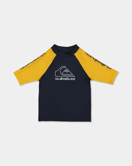 Image of a model wearing Tops. Product name - Quiksilver Boys 2-7 On Tour Short Sleeve Rash Vest Mineral Yellow in Mineral Yellow colour by brand - Quiksilver