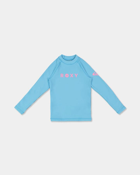 Image of a model wearing Tops. Product name - Roxy Girls 2-7 Roxy Heater Long Sleeve Rashguard Splish Splash in Splish Splash colour by brand - Roxy