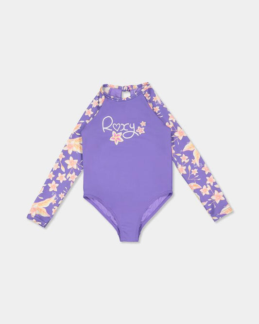 Image of a model wearing Tops. Product name - Roxy Girls 2-7 Plumeria Love Long Sleeve One Piece Swimsuit Dahlia Purple Plumeria Love in Dahlia Purple Plumeria Love colour by brand - Roxy