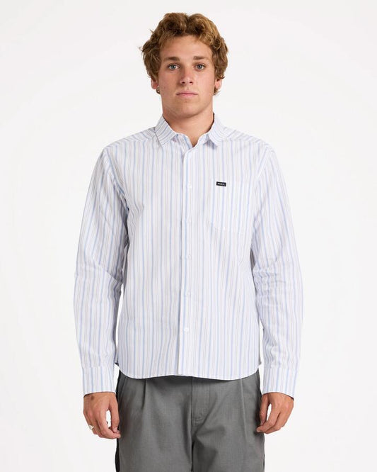 Image of a model wearing Tops. Product name - Rvca Mens Frederiksberg Long Sleeve Shirt Ice Blue in Ice Blue colour by brand - Rvca