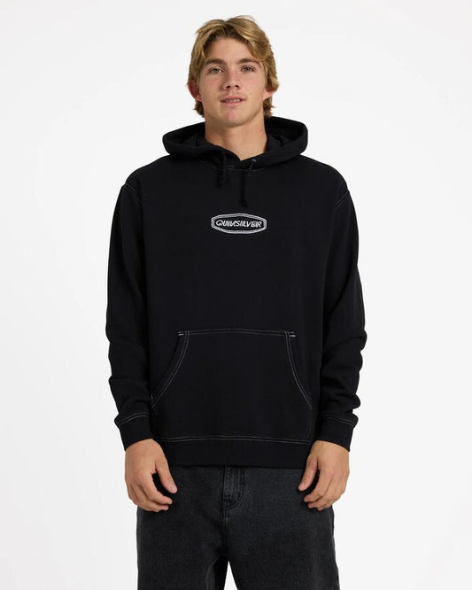 Image of a model wearing Outerwear. Product name - Quiksilver Mens Originals Pullover Hoodie Black in Black colour by brand - Quiksilver