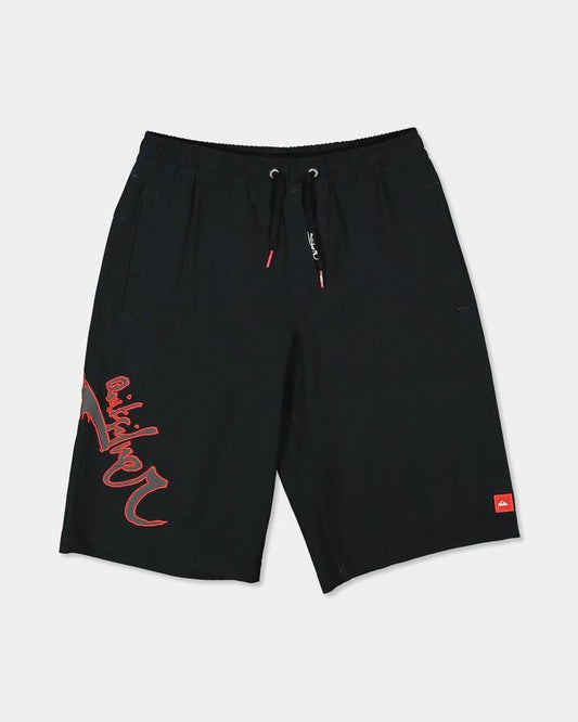 Image of a model wearing Shorts. Product name - Quiksilver Boys 8-16 Scrawl 19" Volley Shorts Black in Black colour by brand - Quiksilver