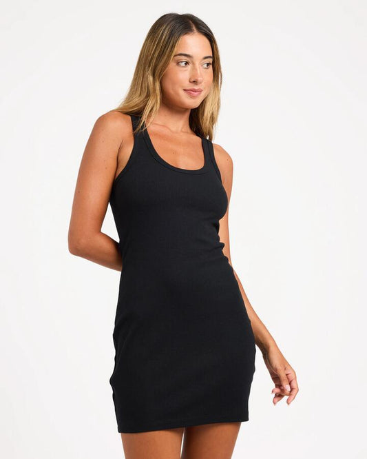 Image of Dresses. Product name - Roxy Womens Base Rib Dress Mini Dress Black in Black colour by brand - Roxy