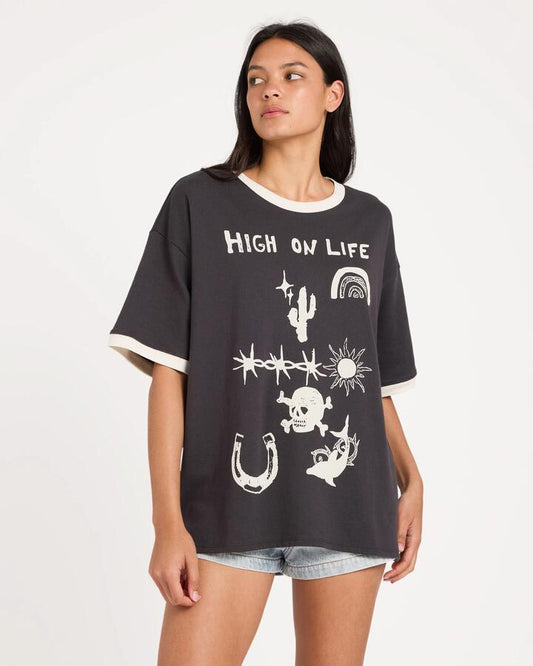 Image of T-Shirts. Product name - Rvca Womens Dani Miller Oversized Ringer Oversized T-Shirt Washed Black in Washed Black colour by brand - Rvca