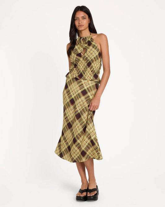 Image of a model wearing Skirts. Product name - Rvca Womens Annika Midi Skirt Chocolate in Chocolate colour by brand - Rvca
