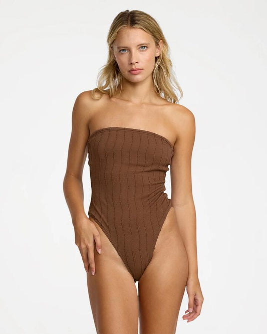 Image of Swimwear. Product name - Rvca Womens Chevy Grooves Bandeau One Piece Swimsuit Chocolate in Chocolate colour by brand - Rvca