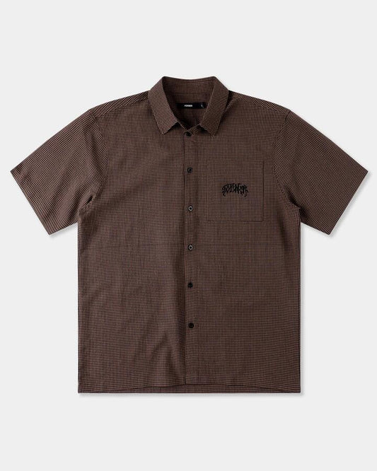 Image of Shirts. Product name - Former Mens Vivian Check Short Sleeve Shirt Brown in Brown colour by brand - Former