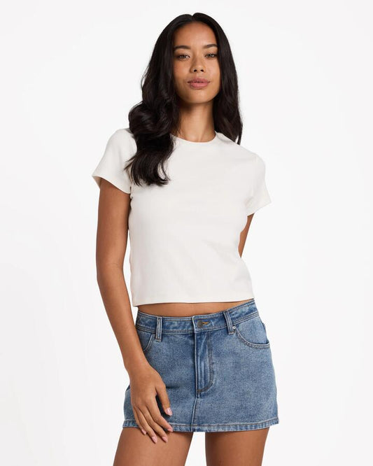Image of a model wearing Skirts. Product name - Billabong Womens Dreamer Denim Skirt Surfside in Surfside colour by brand - Billabong