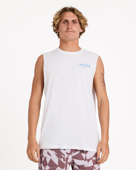 Image of a model wearing Tops. Product name - Volcom Mens The Early Muscle Shirt White in White colour by brand - Volcom