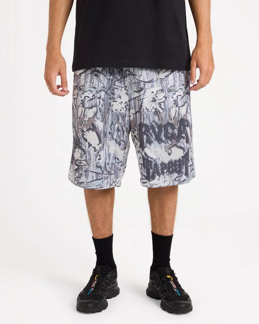 Image of a model wearing Shorts. Product name - Rvca Mens Tapout Mesh 21" Sport Shorts Camo in Camo colour by brand - Rvca