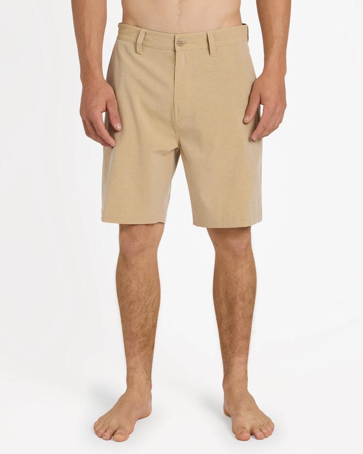 Image of a model wearing Shorts. Product name - Quiksilver Mens Union Heather Amph 19" Hybrid Shorts Khaki Heather in Khaki Heather colour by brand - Quiksilver