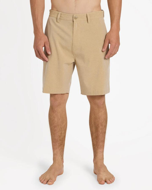 Image of a model wearing Shorts. Product name - Quiksilver Mens Union Heather Amph 19" Hybrid Shorts Khaki Heather in Khaki Heather colour by brand - Quiksilver