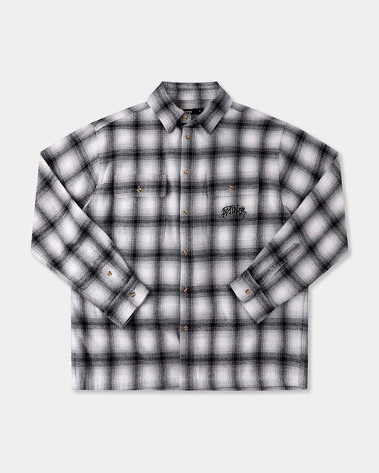 Image of a model wearing Tops. Product name - Former Mens Vivian Flannel Long Sleeve Shirt Grey in Grey colour by brand - Former