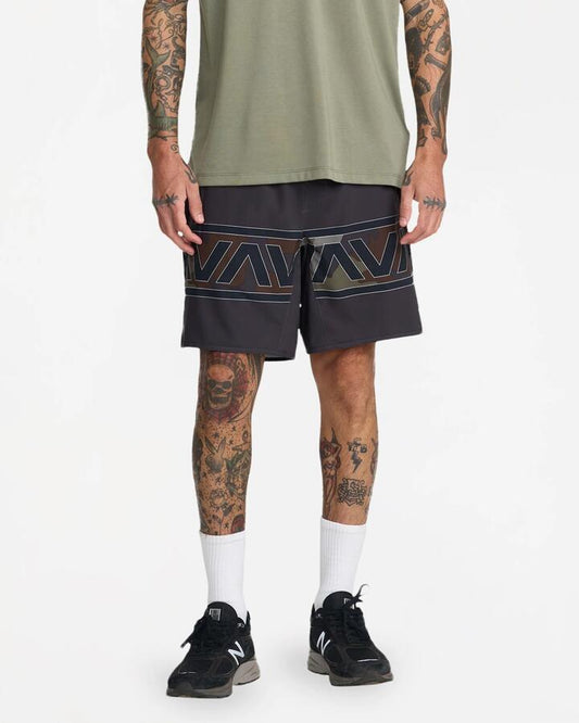 Image of a model wearing Shorts. Product name - Rvca Mens Yogger Stretch 17" Sports Shorts Va Real Camo in Va Real Camo colour by brand - Rvca
