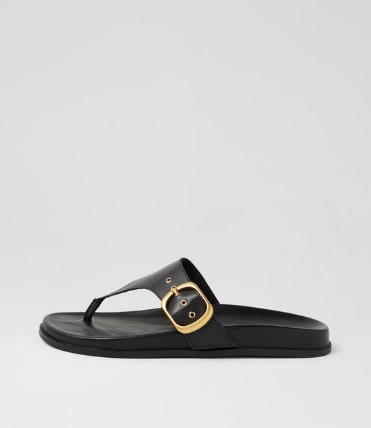 Image of Sandals. Product name - Hectore Black Leather Thongs in Black-Black Sole colour by brand - MOLLINI