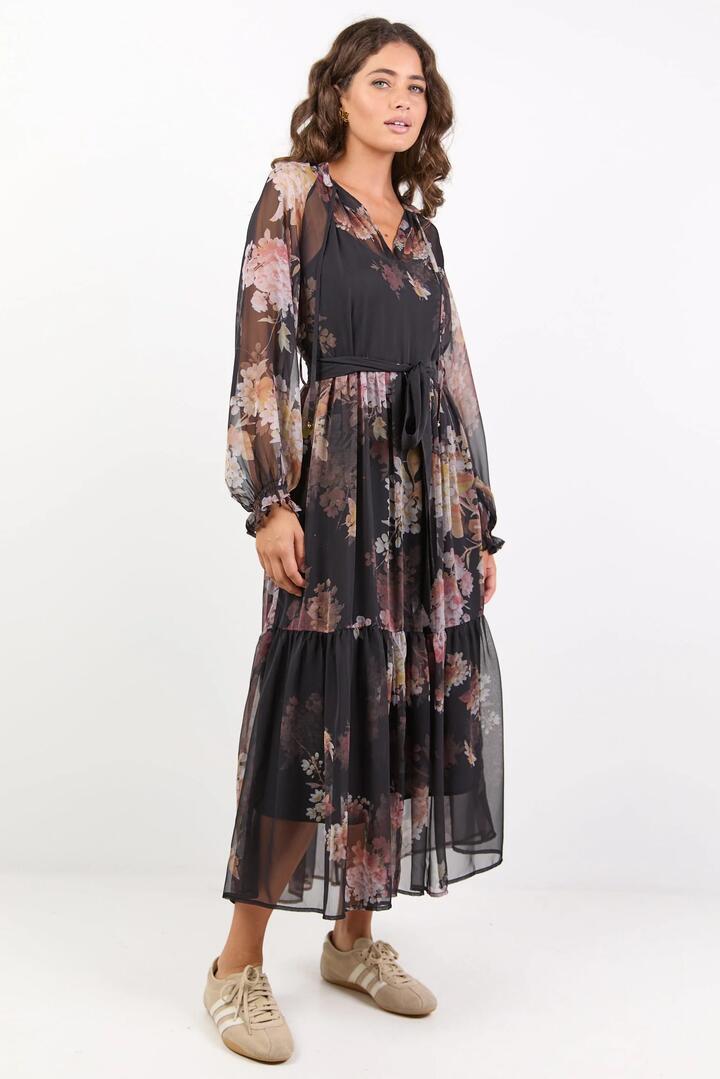 Image of Dresses. Product name - Primrose Black Bouquet Raglan Sleeve Tier Maxi Dress in Black Bouquet colour by brand - By Rosa.