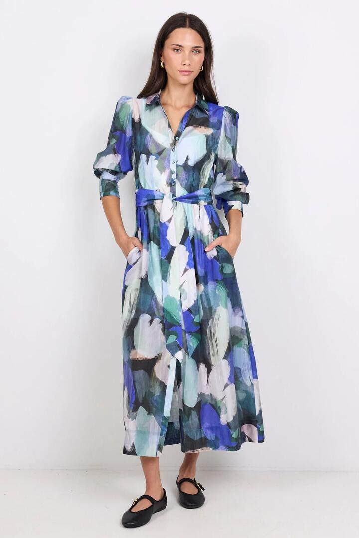 Image of Dresses. Product name - Vesper Blue Abstract Print Long Sleeve Maxi Shirt Dress in Blue Abstract Print colour by brand - Among the Brave