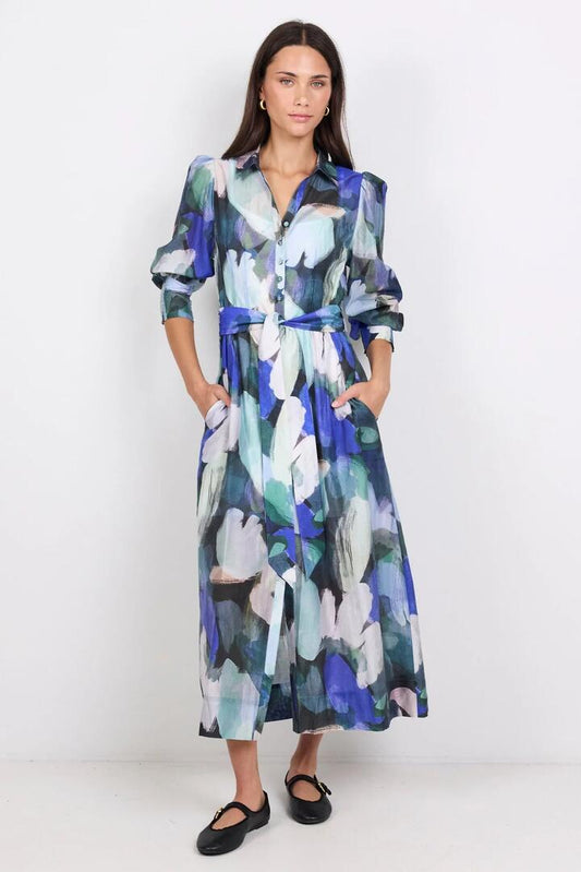 Image of Dresses. Product name - Vesper Blue Abstract Print Long Sleeve Maxi Shirt Dress in Blue Abstract Print colour by brand - Among the Brave