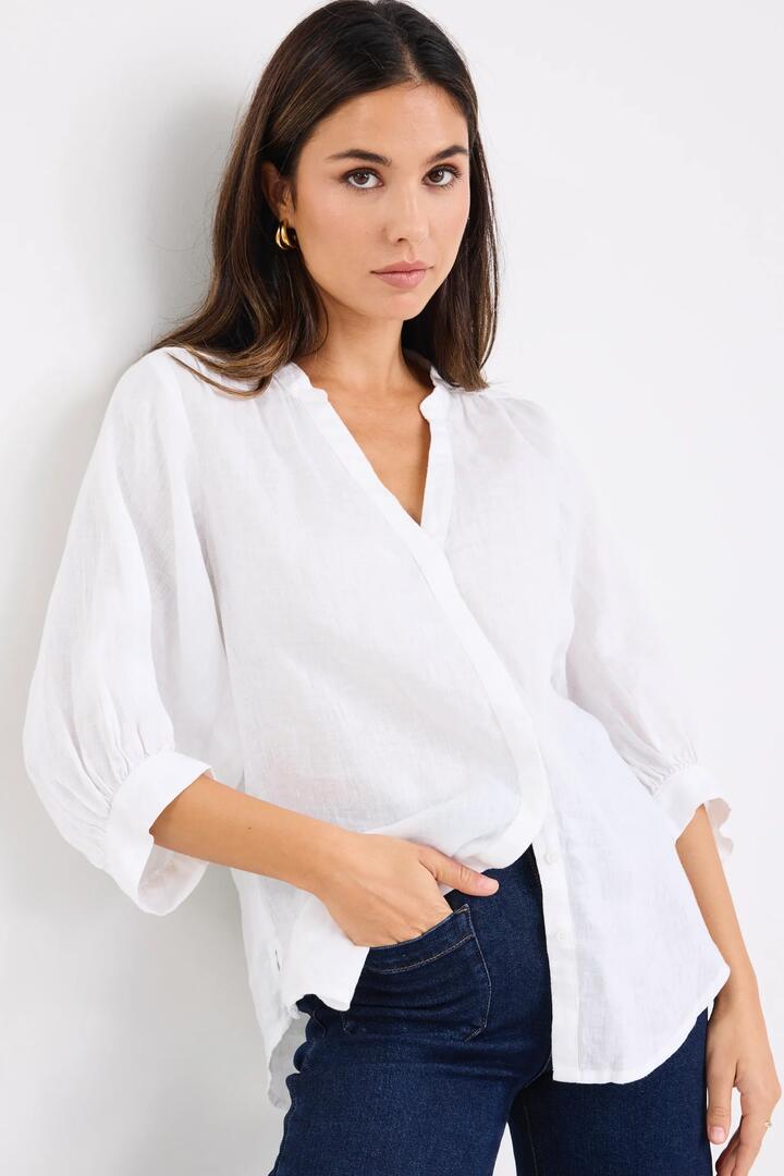 Image of Shirts. Product name - Deity White Linen Button Through Puff Sleeve Ss Blouse in White colour by brand - By Rosa.