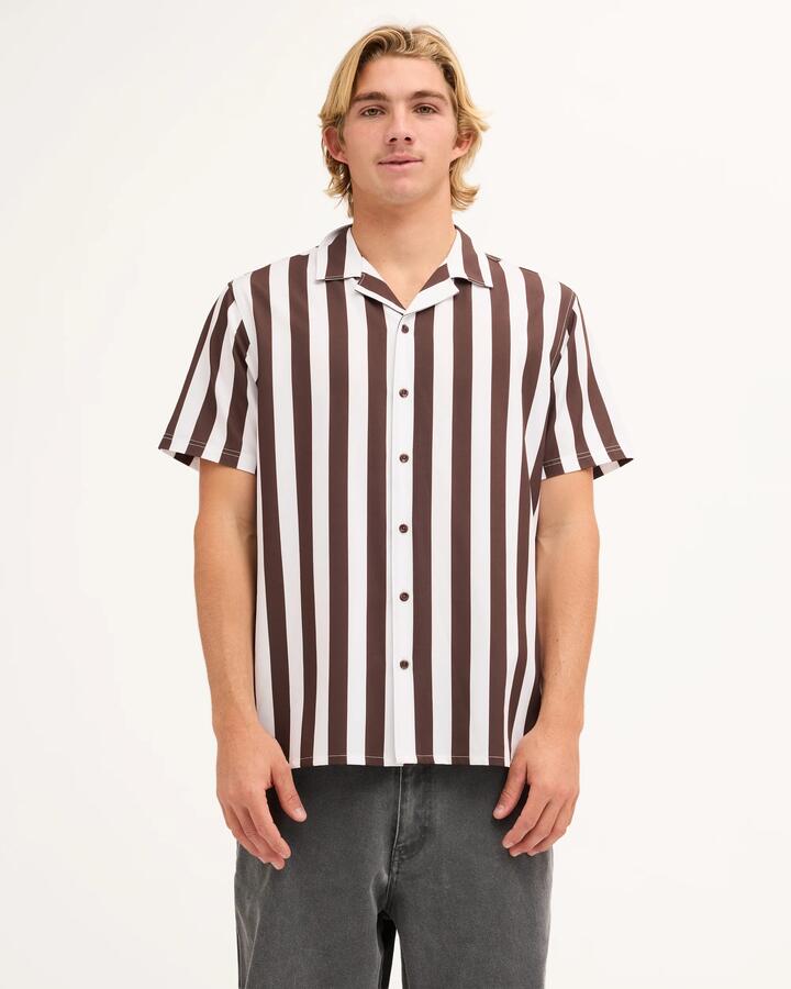 Image of a model wearing Tops. Product name - Quiksilver Mens Sunbelt Short Sleeve Shirt Java in Java colour by brand - Quiksilver
